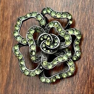 Vintage Floral Brooch with Green Rhinestones and Oxidized Silver Toned Metal